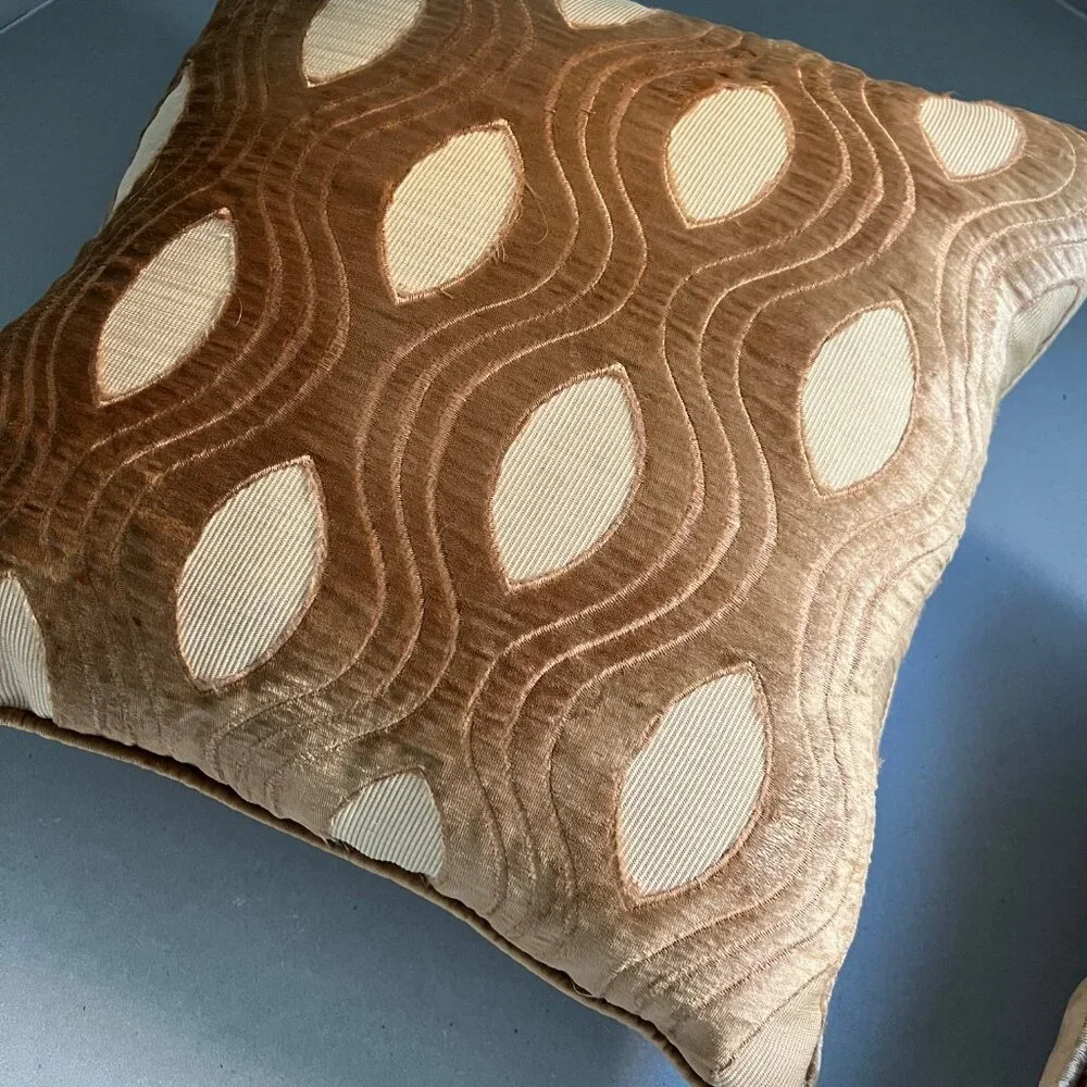 Mid-Century Vintage Velvet Gold Cat Eye Pattern Down Feather Pillows, Set of 2